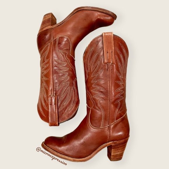 1990s VINTAGE Frye Billy Pull-On Cognac Leather Embroidered Festival Cowboy Boot